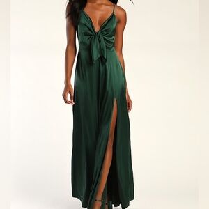 Lulu's Poised Emerald Green Satin Tie-Front Maxi Dress v neck wedding gown slit